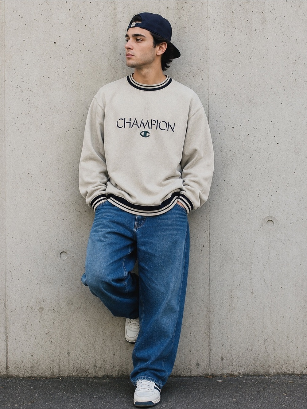 Vintage 90s Champion Mens Sweatshirt Sz L Navy Embroidered Spellout USA Made